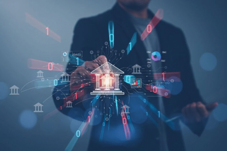 Persona interactuando con gráficos digitales relacionados con banca y tecnología.