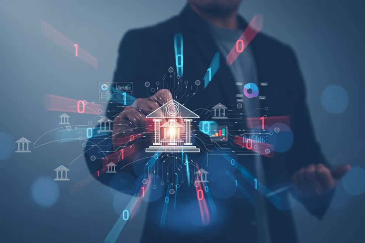 Persona interactuando con gráficos digitales relacionados con banca y tecnología.